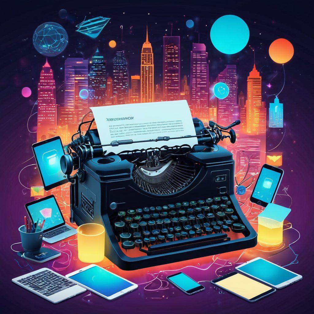 A whimsical illustration of a vintage typewriter surrounded by glowing tech gadgets, such as laptops, smartphones, and tablets, all emanating beams of light and showcasing various blogging tips in colorful floating text bubbles. In the background, a futuristic city skyline represents the intersection of technology and creativity. The scene is vibrant and inviting, appealing to tech enthusiasts and the geek culture. bright colors. vector art.