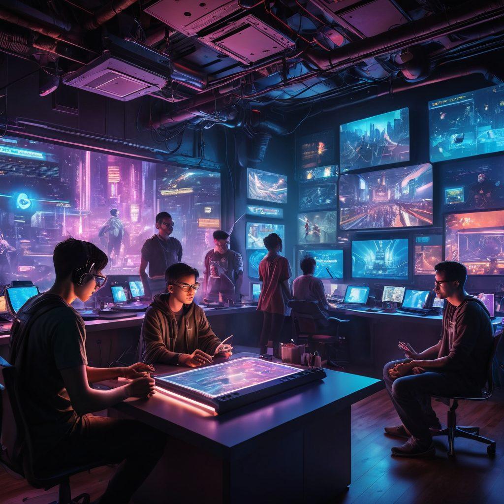 A futuristic setting where a diverse group of individuals from various geek cultures, such as gamers, anime fans, and tech enthusiasts, are gathered around a glowing holographic blogging platform, actively creating content together. The vibrant lighting highlights their expressions of creativity and collaboration, with elements like comic books, video game controllers, and tech gadgets scattered around. In the background, a digital cityscape represents the intersection of geek culture and digital writing. cyberpunk. vibrant colors. super-realistic.