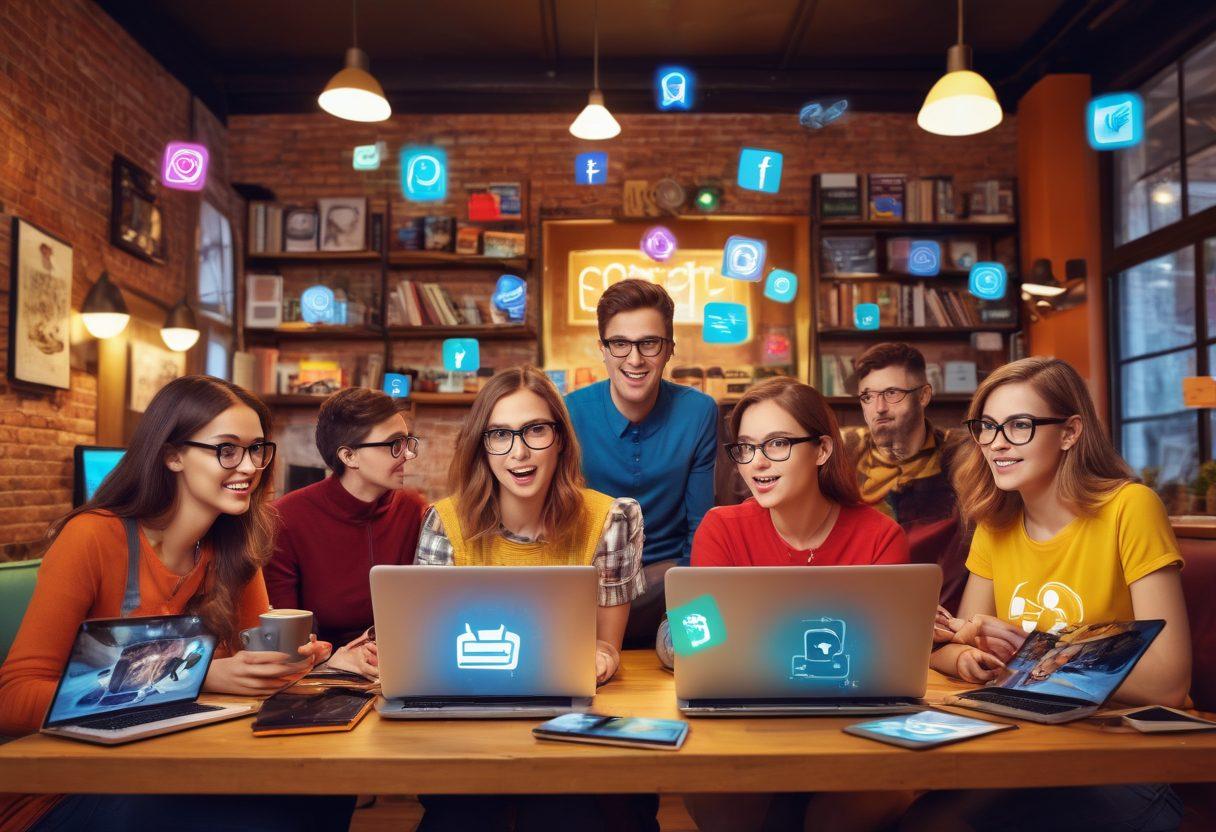A vibrant collage showcasing a diverse group of nerds enthusiastically blogging on laptops, with colorful social media icons floating around. Include elements like comic book pages, geeky gadgets, and hashtags in the background to emphasize the digital connection. The scene is set in a cozy, tech-themed cafe with warm lighting and a creative atmosphere. super-realistic. vibrant colors. digital art.